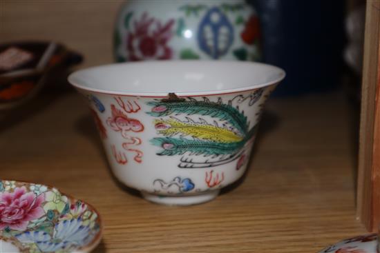 A Chinese dragon lidded tea bowl, a vase with metal cover and a stand